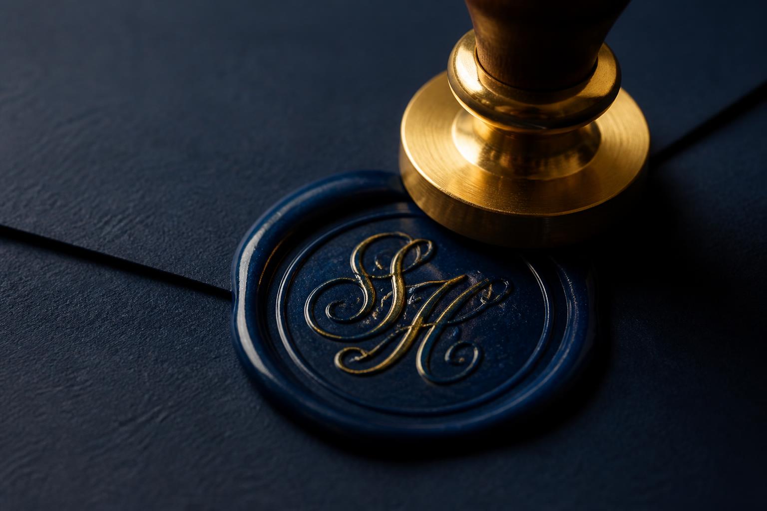 Brass notary stamp pressing a navy wax seal onto an envelope